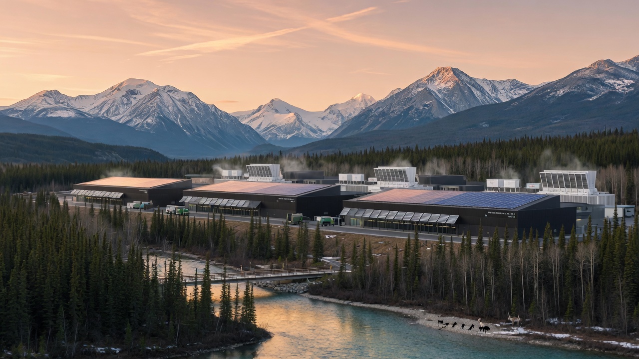 A modern hyperscale data center campus nestled among snow-capped northern mountains, boreal forest, and a clear river at golden hour